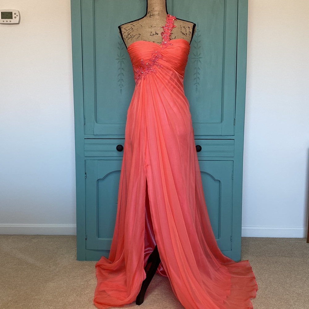 NWT La Femme Fashion. Hot Coral Formal Gown. Size 2